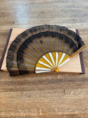Vintage Black Fan with 2 Rows of Netting and Yellow  “plastic” Frame & Handle.
